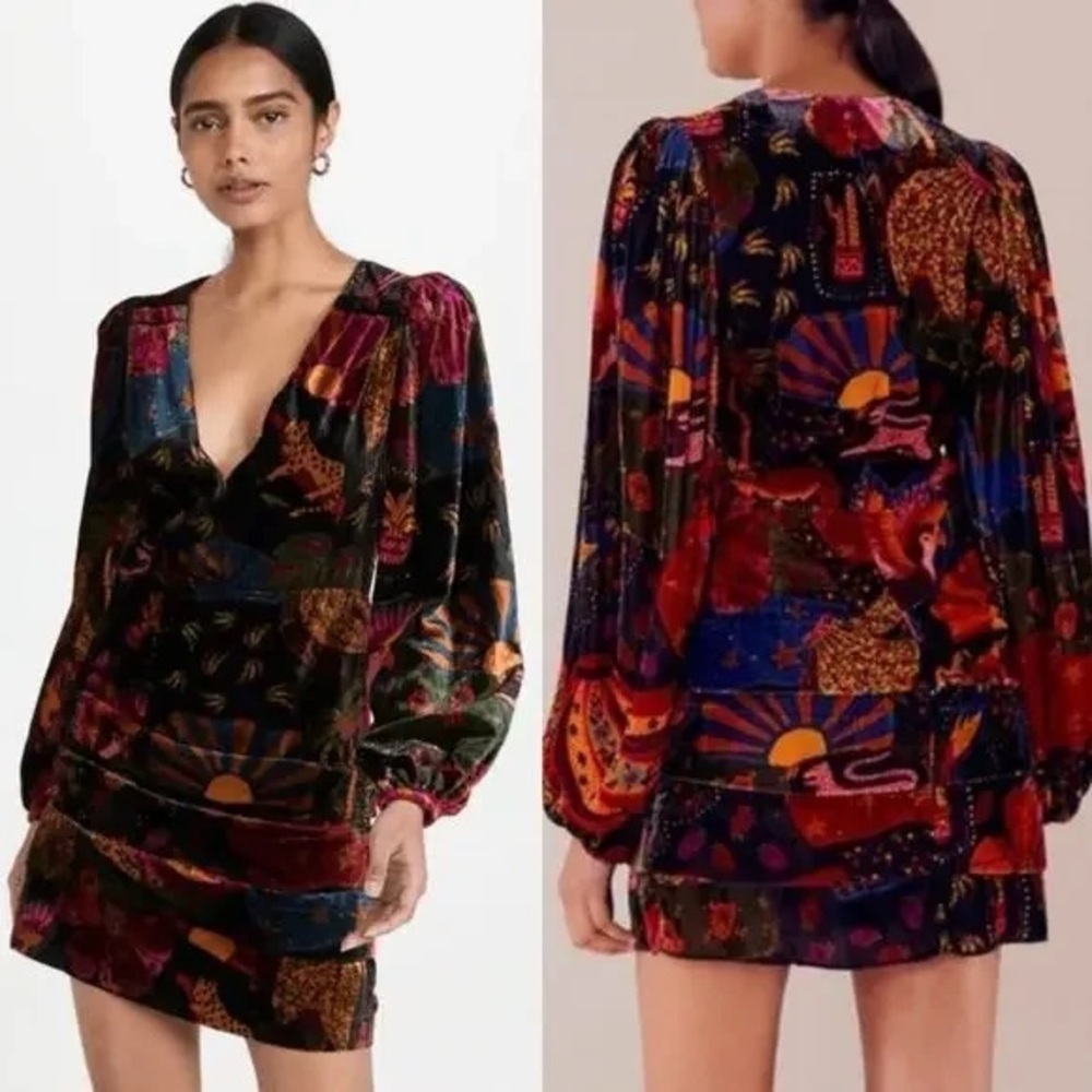 FARM RIO Velvet Colorful Printed Long Sleeve Mini Dress M